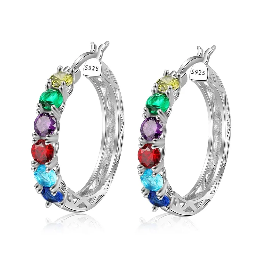 Personalized 925 Sterling Silver Hoop Earrings for Women Custom 6 Birthstones Statement Earrings Birthday Gift