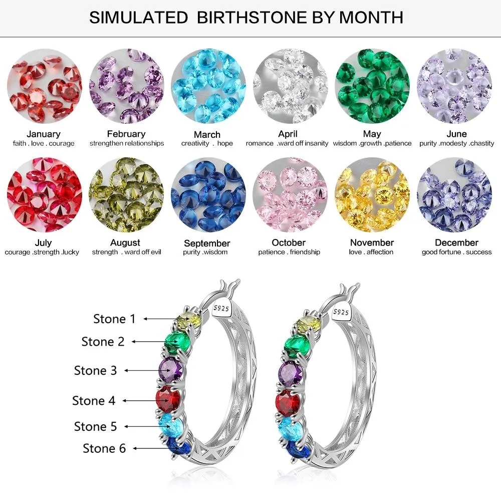 Personalized 925 Sterling Silver Hoop Earrings for Women Custom 6 Birthstones Statement Earrings Birthday Gift