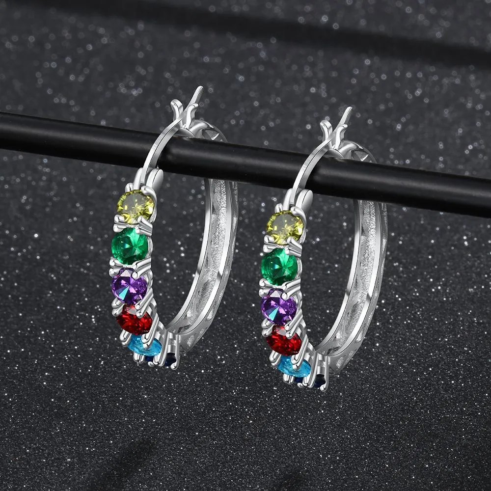 Personalized 925 Sterling Silver Hoop Earrings for Women Custom 6 Birthstones Statement Earrings Birthday Gift