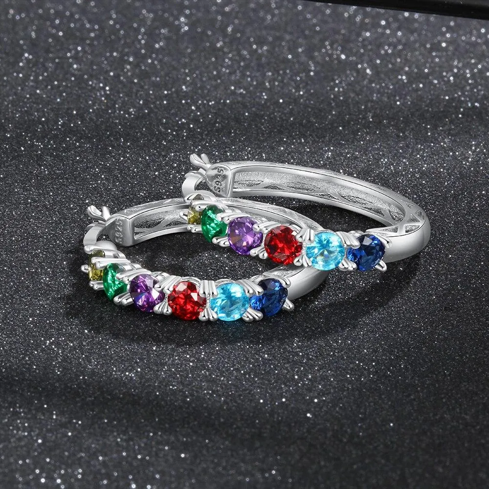 Personalized 925 Sterling Silver Hoop Earrings for Women Custom 6 Birthstones Statement Earrings Birthday Gift