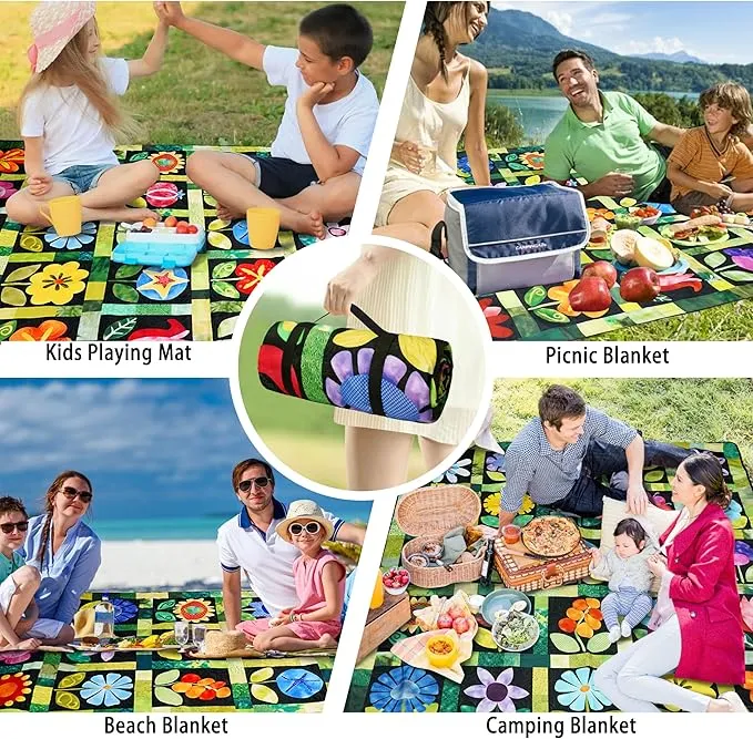 Picnic Blankets Beach Blanket 80" X 60" Extra Large Waterproof Camping Blankets Portable Outdoor Mat 3-Layer blanket for Beach, Hiking, Park, Music Festival, Grass Lawn,Travel