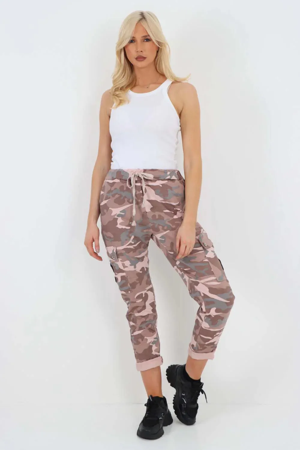 Plus Size Italian Drawstring Camo Side Pockets Cargo Trousers