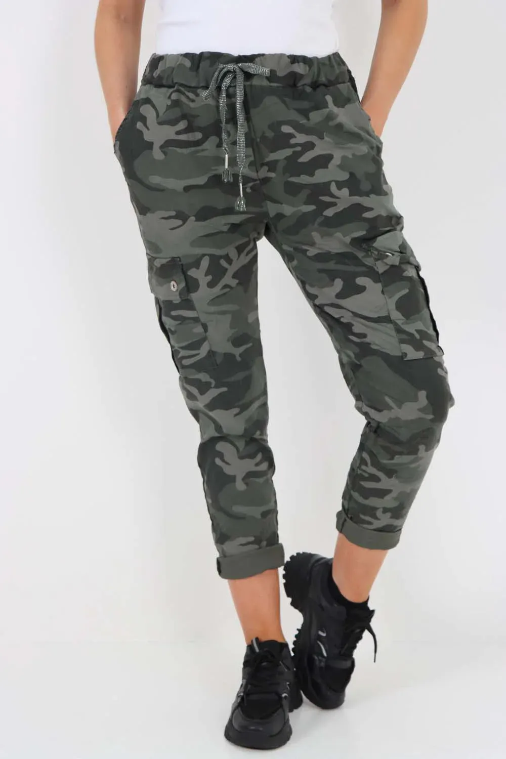 Plus Size Italian Drawstring Camo Side Pockets Cargo Trousers