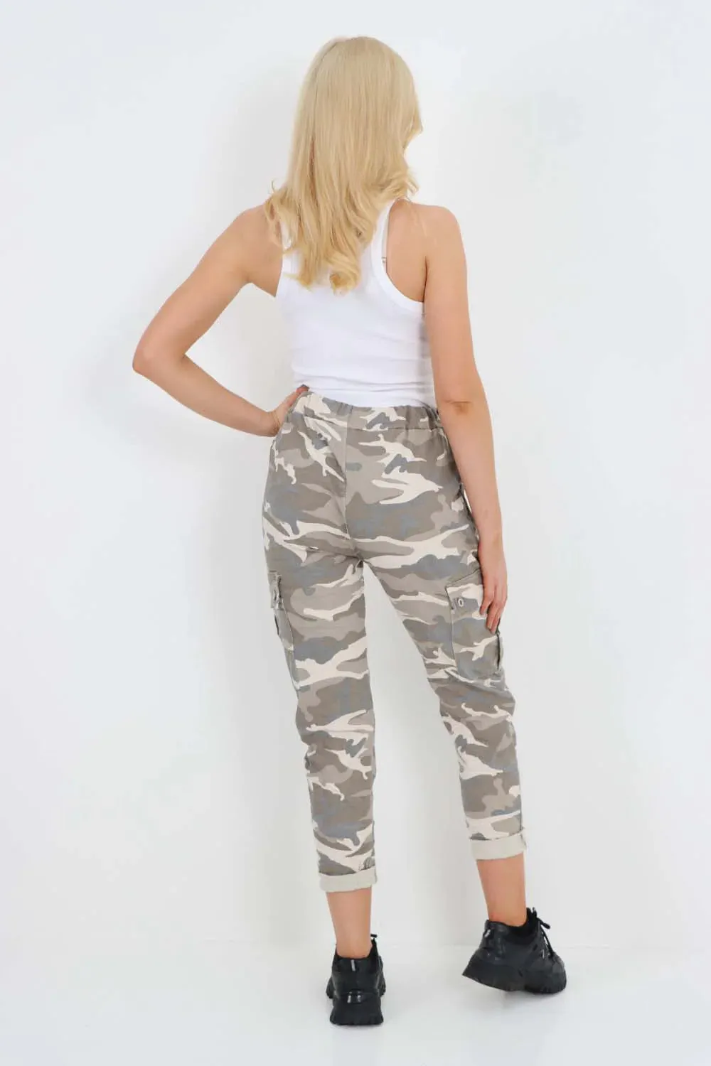 Plus Size Italian Drawstring Camo Side Pockets Cargo Trousers