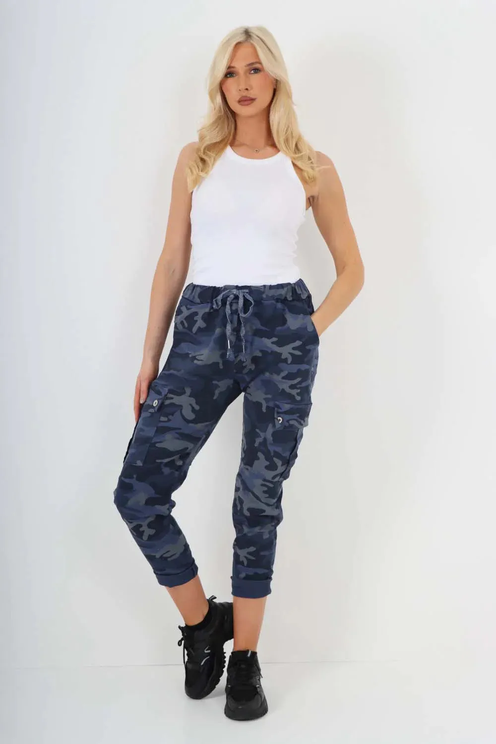Plus Size Italian Drawstring Camo Side Pockets Cargo Trousers