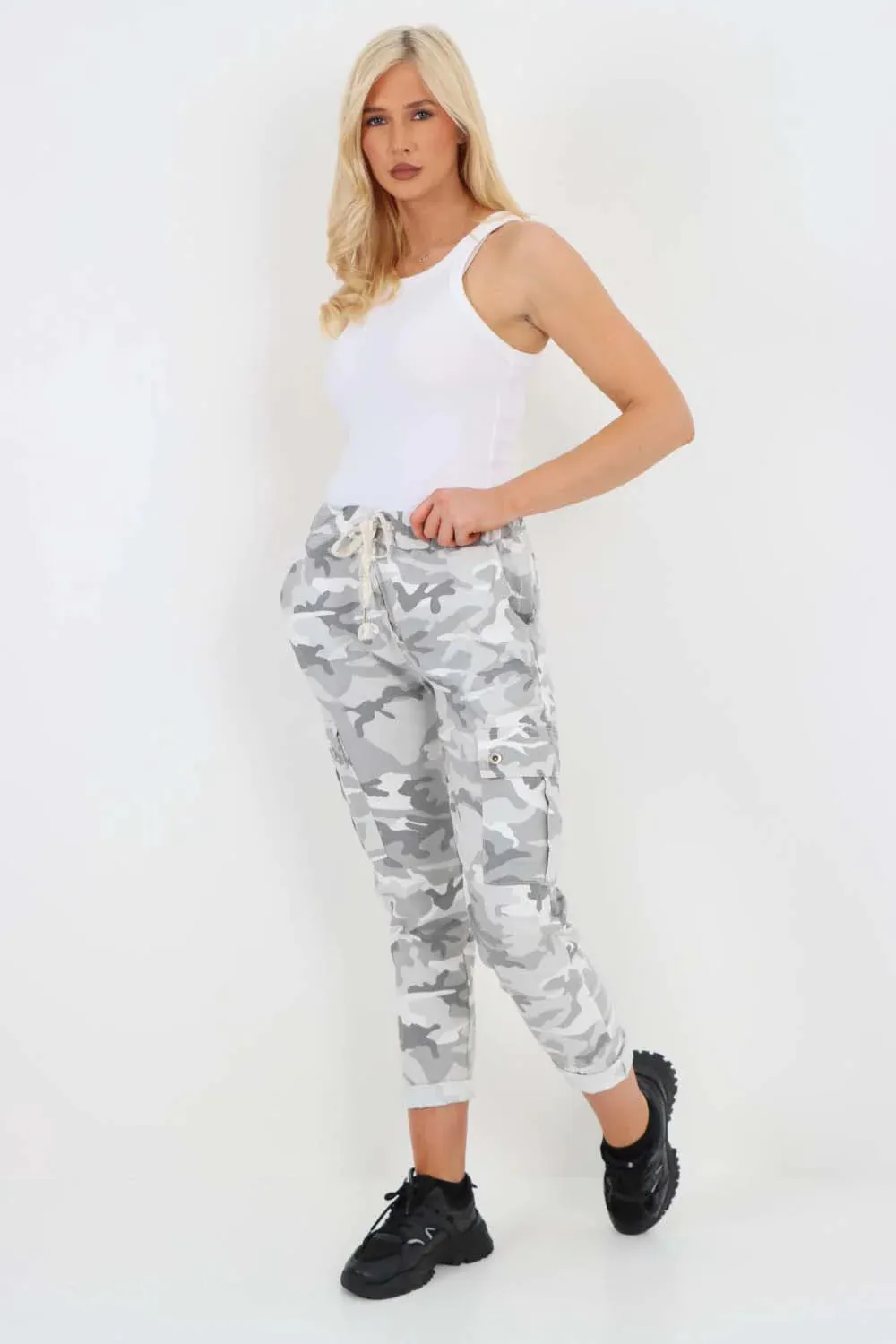 Plus Size Italian Drawstring Camo Side Pockets Cargo Trousers