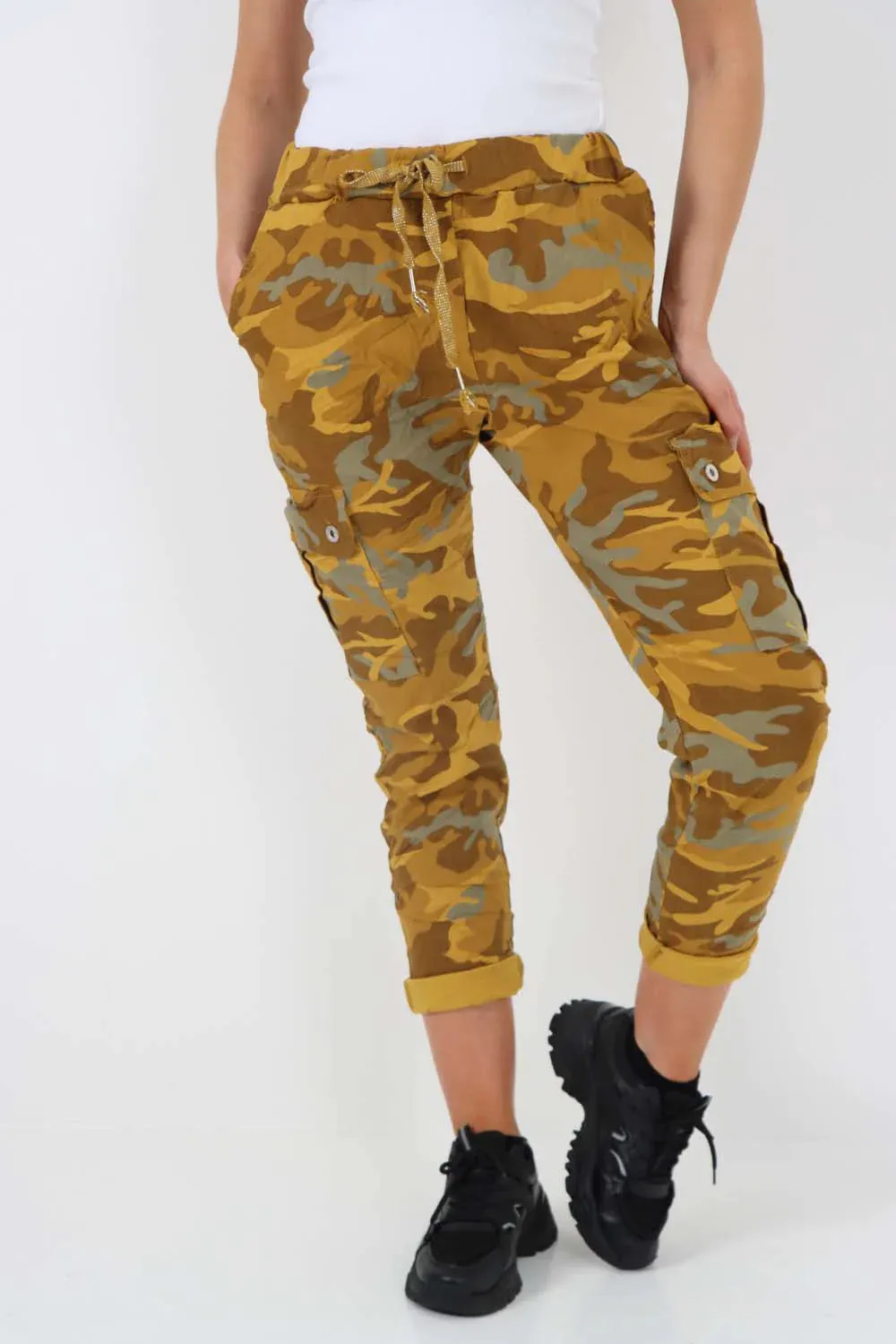 Plus Size Italian Drawstring Camo Side Pockets Cargo Trousers