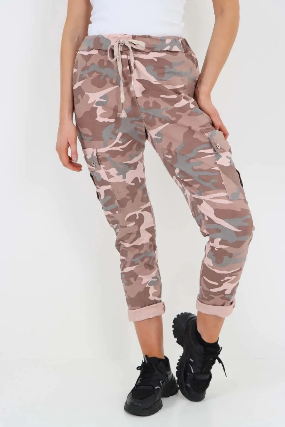 Plus Size Italian Drawstring Camo Side Pockets Cargo Trousers
