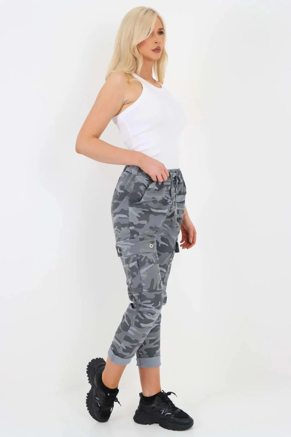 Plus Size Italian Drawstring Camo Side Pockets Cargo Trousers