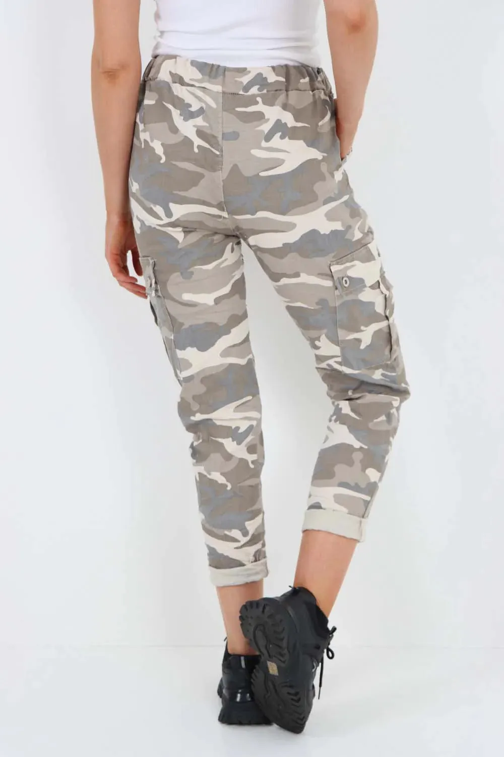 Plus Size Italian Drawstring Camo Side Pockets Cargo Trousers