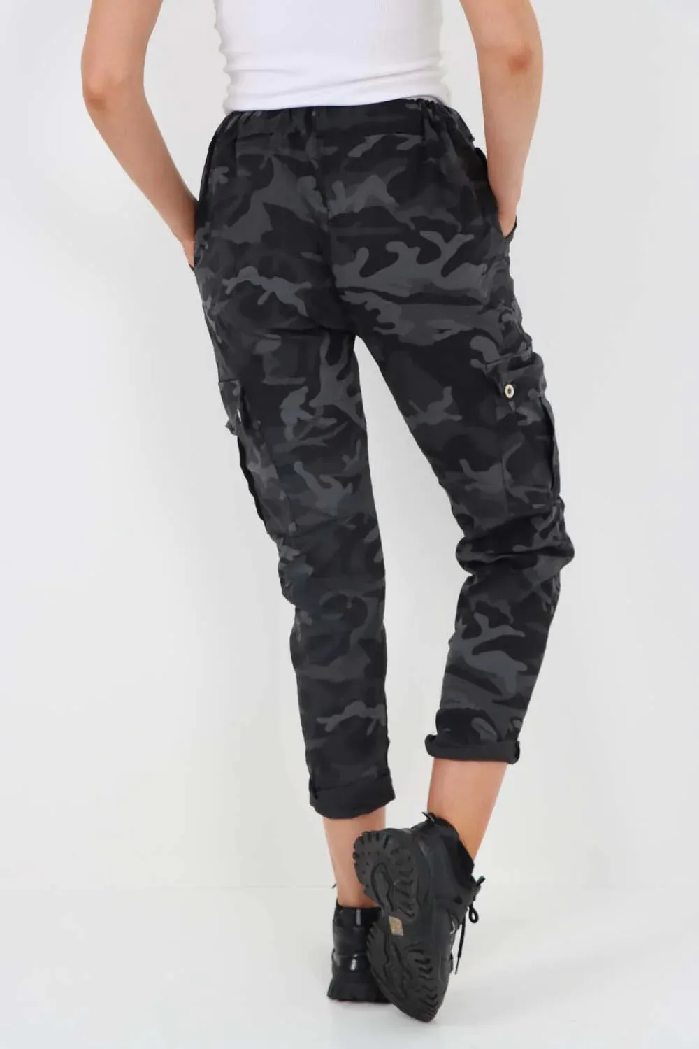 Plus Size Italian Drawstring Camo Side Pockets Cargo Trousers