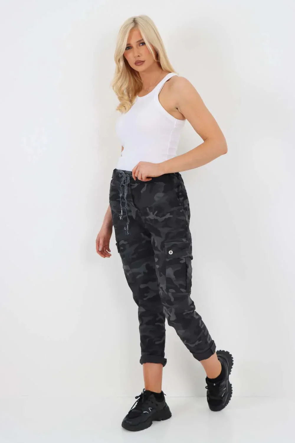Plus Size Italian Drawstring Camo Side Pockets Cargo Trousers