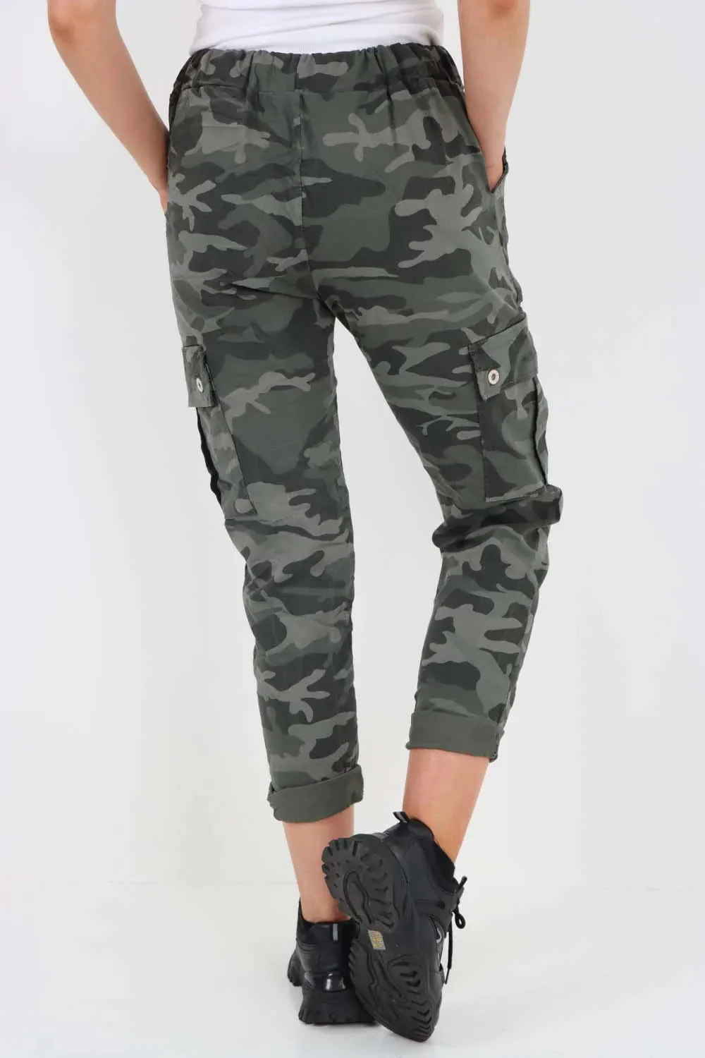 Plus Size Italian Drawstring Camo Side Pockets Cargo Trousers