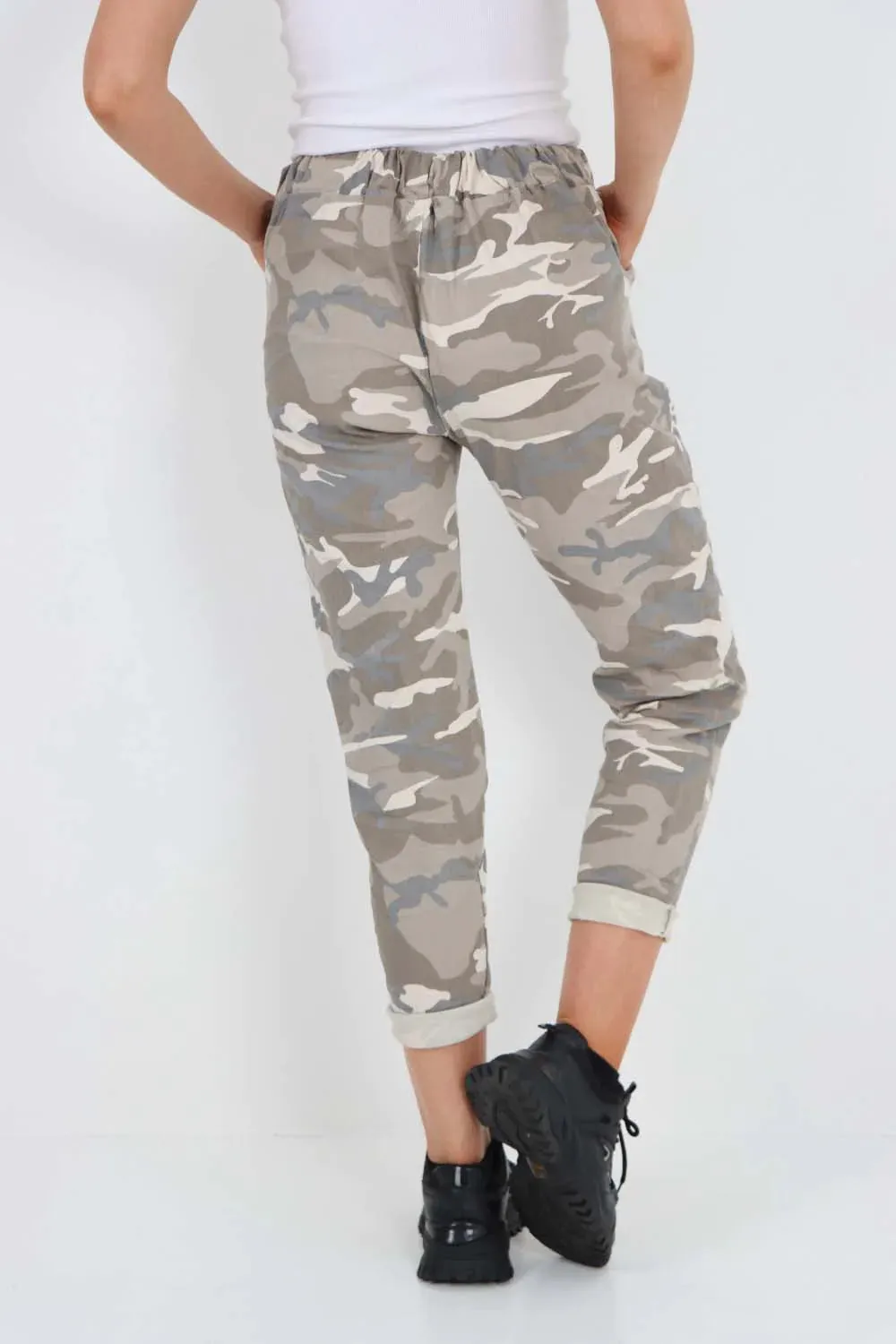 Plus Size Italian Drawstring Camo Side Pockets Cargo Trousers