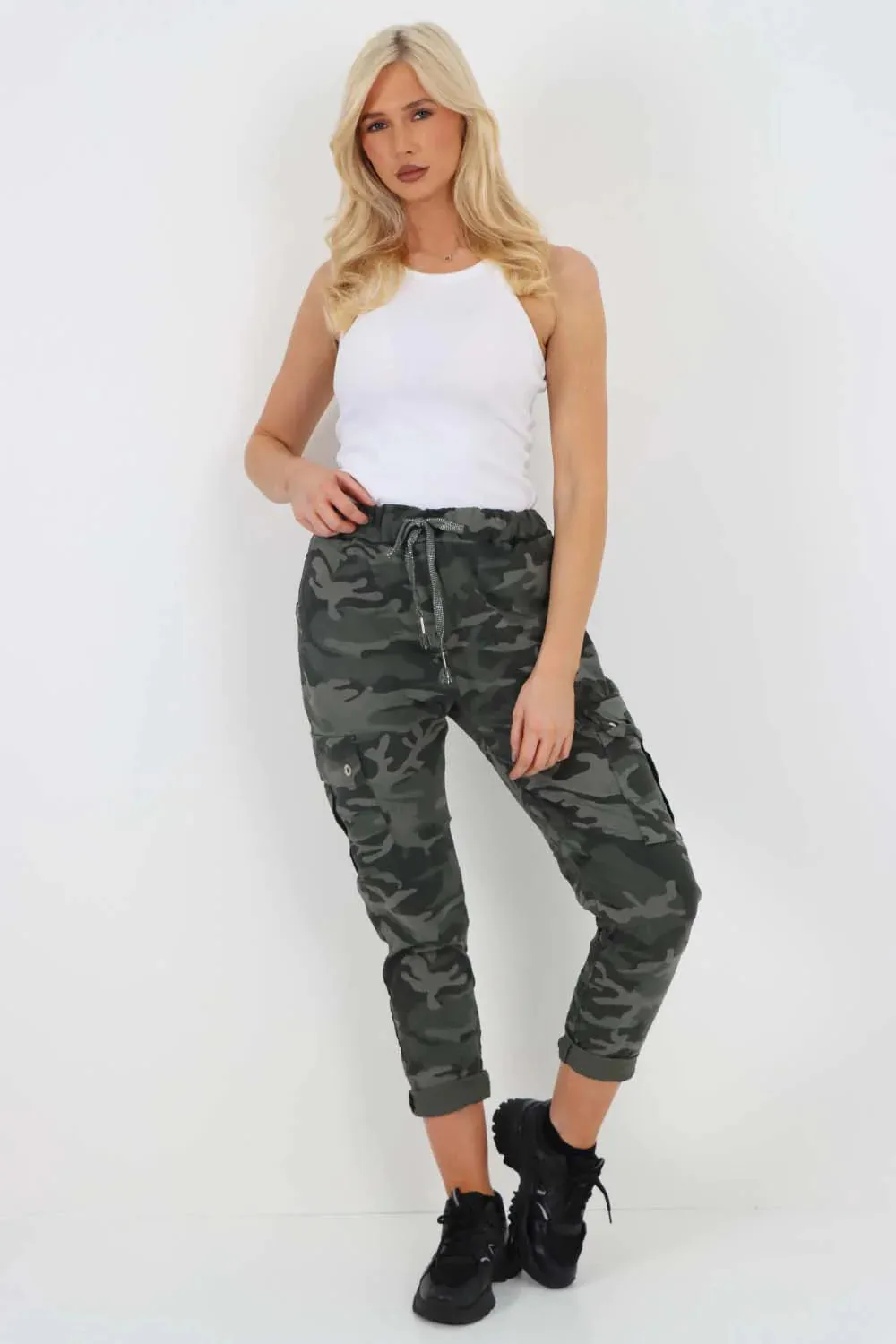Plus Size Italian Drawstring Camo Side Pockets Cargo Trousers