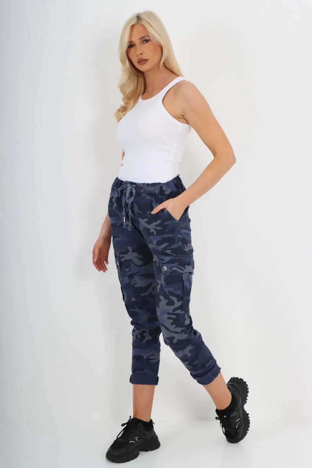 Plus Size Italian Drawstring Camo Side Pockets Cargo Trousers