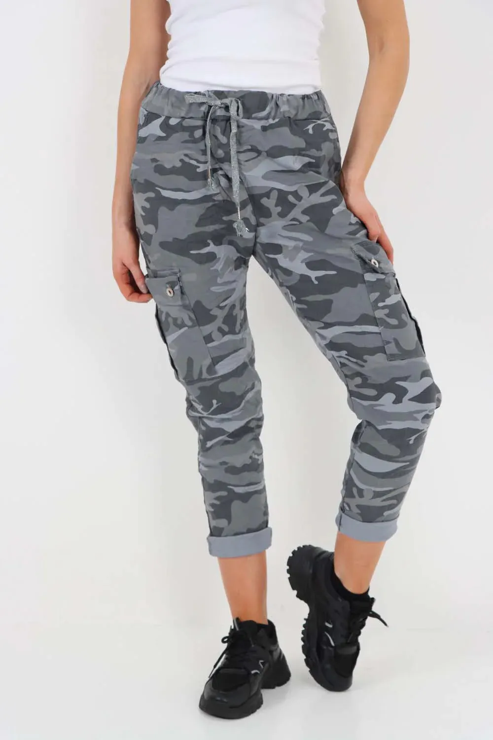 Plus Size Italian Drawstring Camo Side Pockets Cargo Trousers