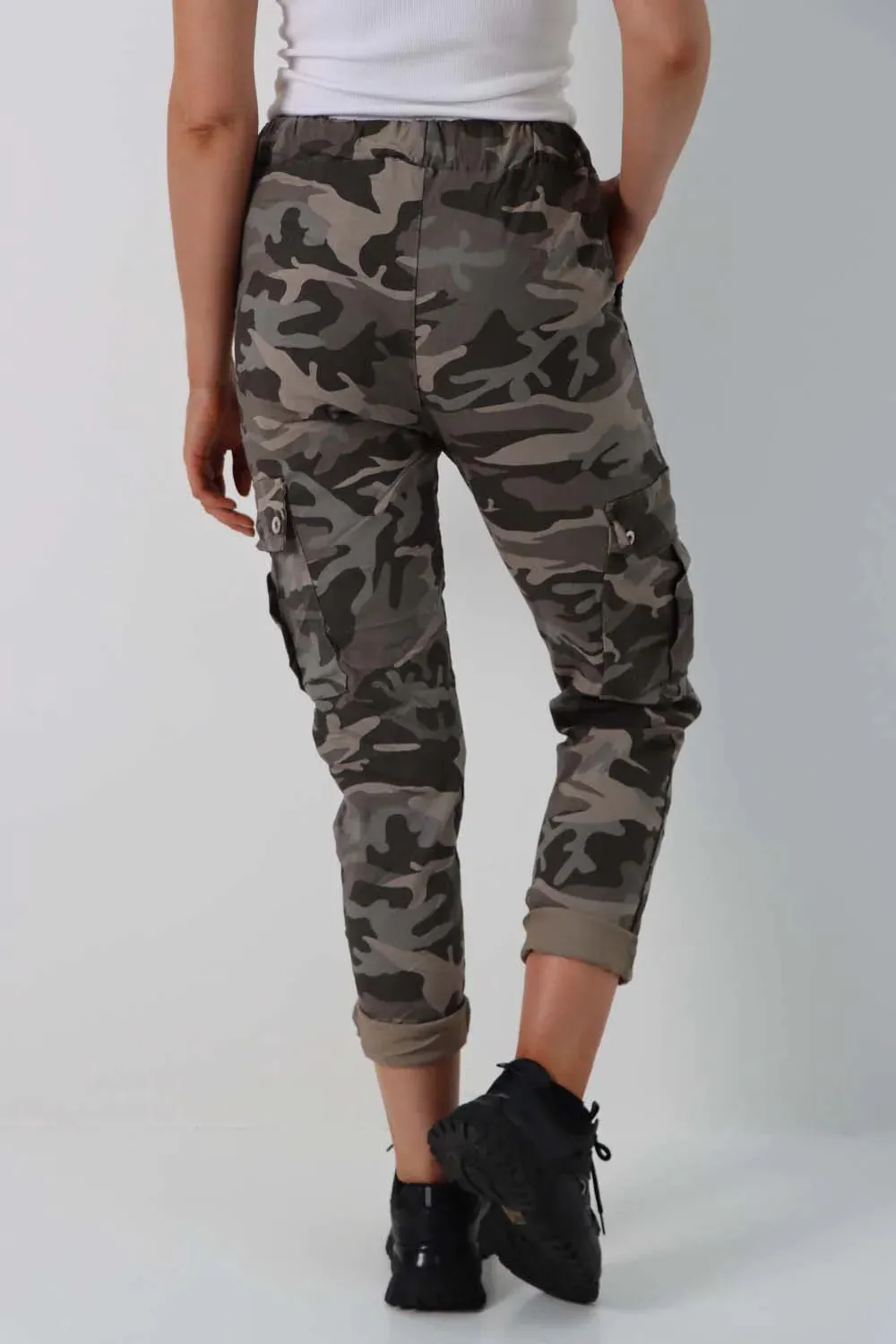 Plus Size Italian Drawstring Camo Side Pockets Cargo Trousers
