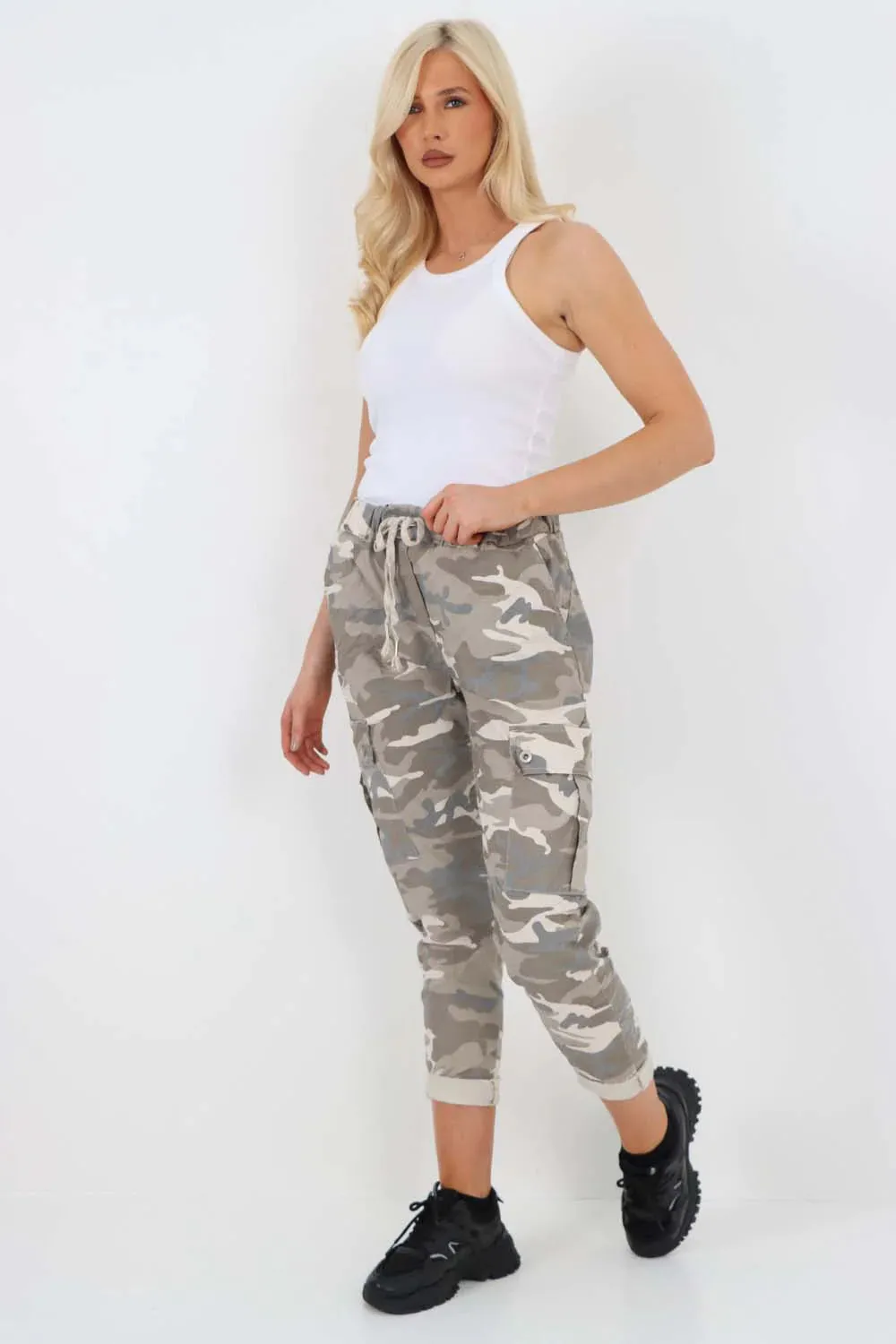 Plus Size Italian Drawstring Camo Side Pockets Cargo Trousers