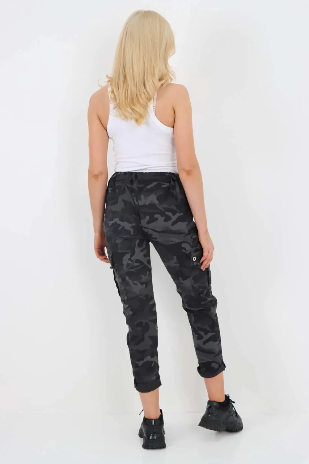 Plus Size Italian Drawstring Camo Side Pockets Cargo Trousers