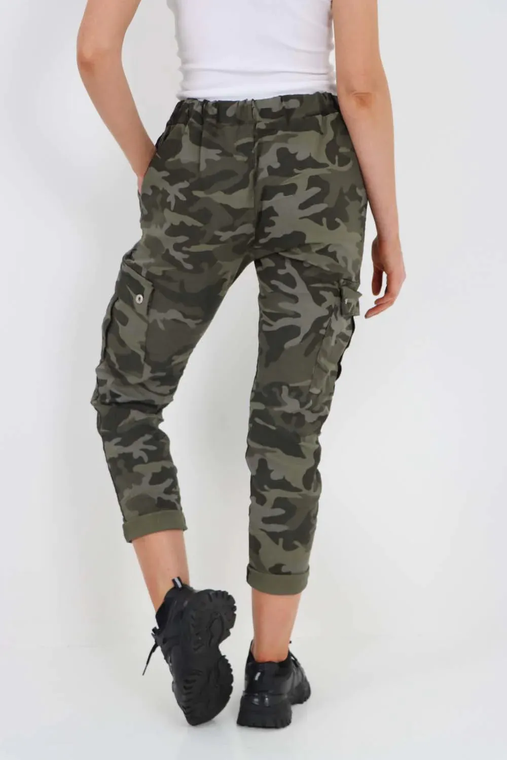 Plus Size Italian Drawstring Camo Side Pockets Cargo Trousers