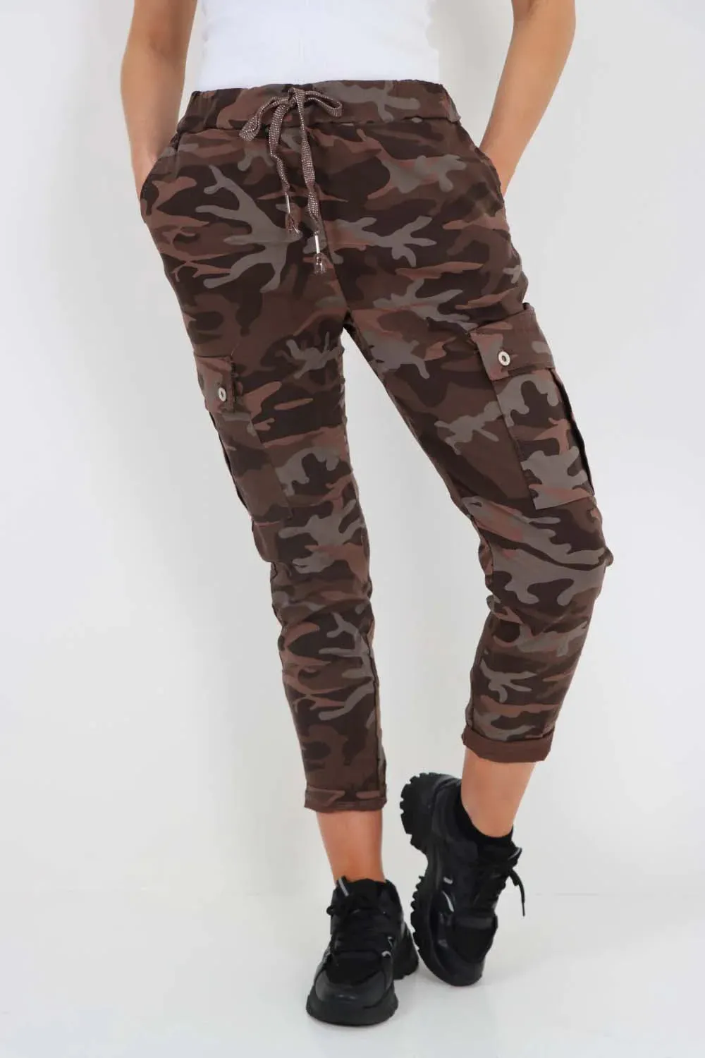 Plus Size Italian Drawstring Camo Side Pockets Cargo Trousers