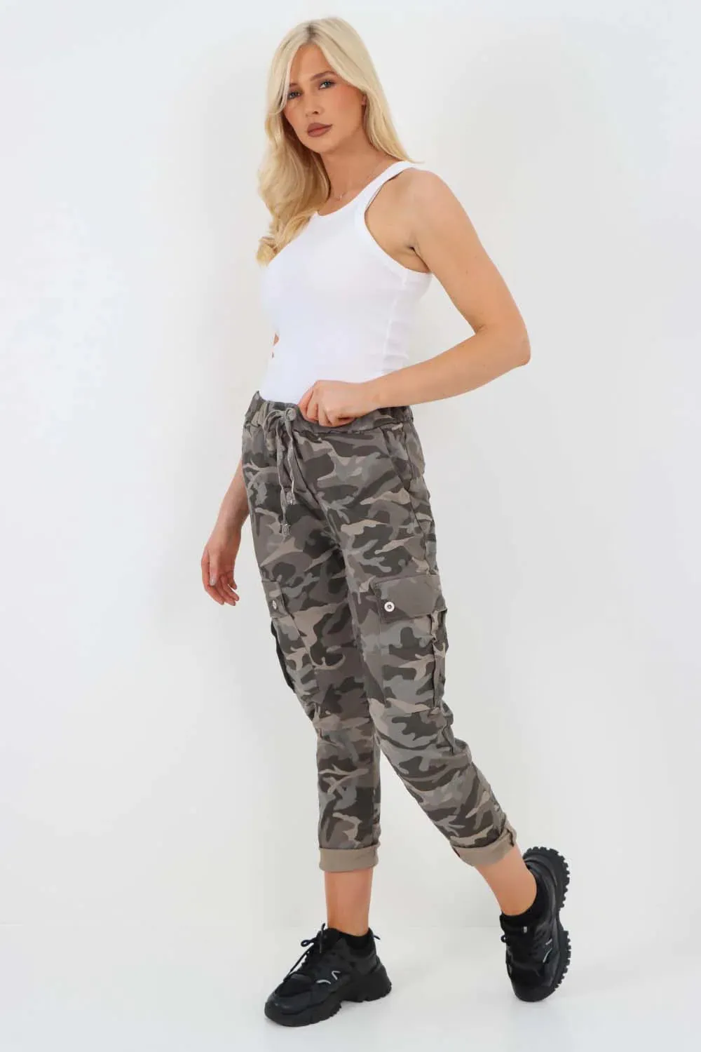 Plus Size Italian Drawstring Camo Side Pockets Cargo Trousers