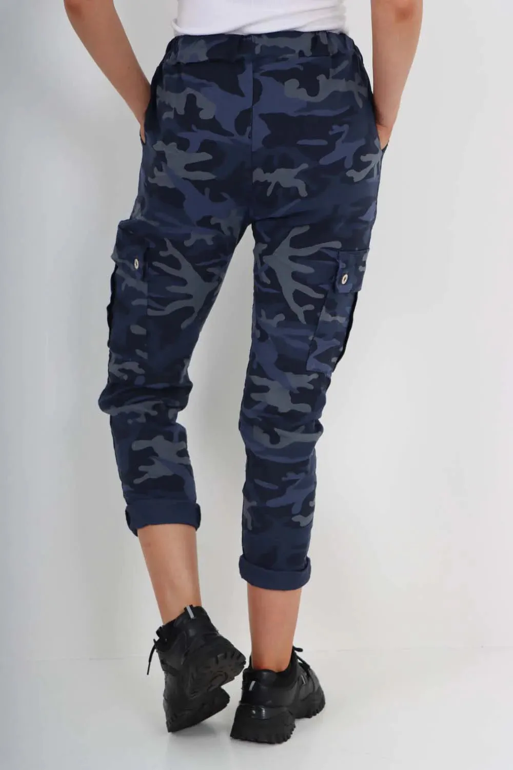 Plus Size Italian Drawstring Camo Side Pockets Cargo Trousers