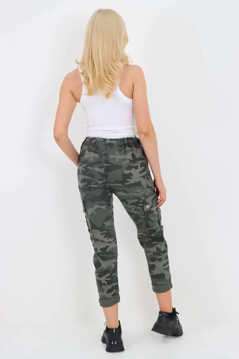 Plus Size Italian Drawstring Camo Side Pockets Cargo Trousers
