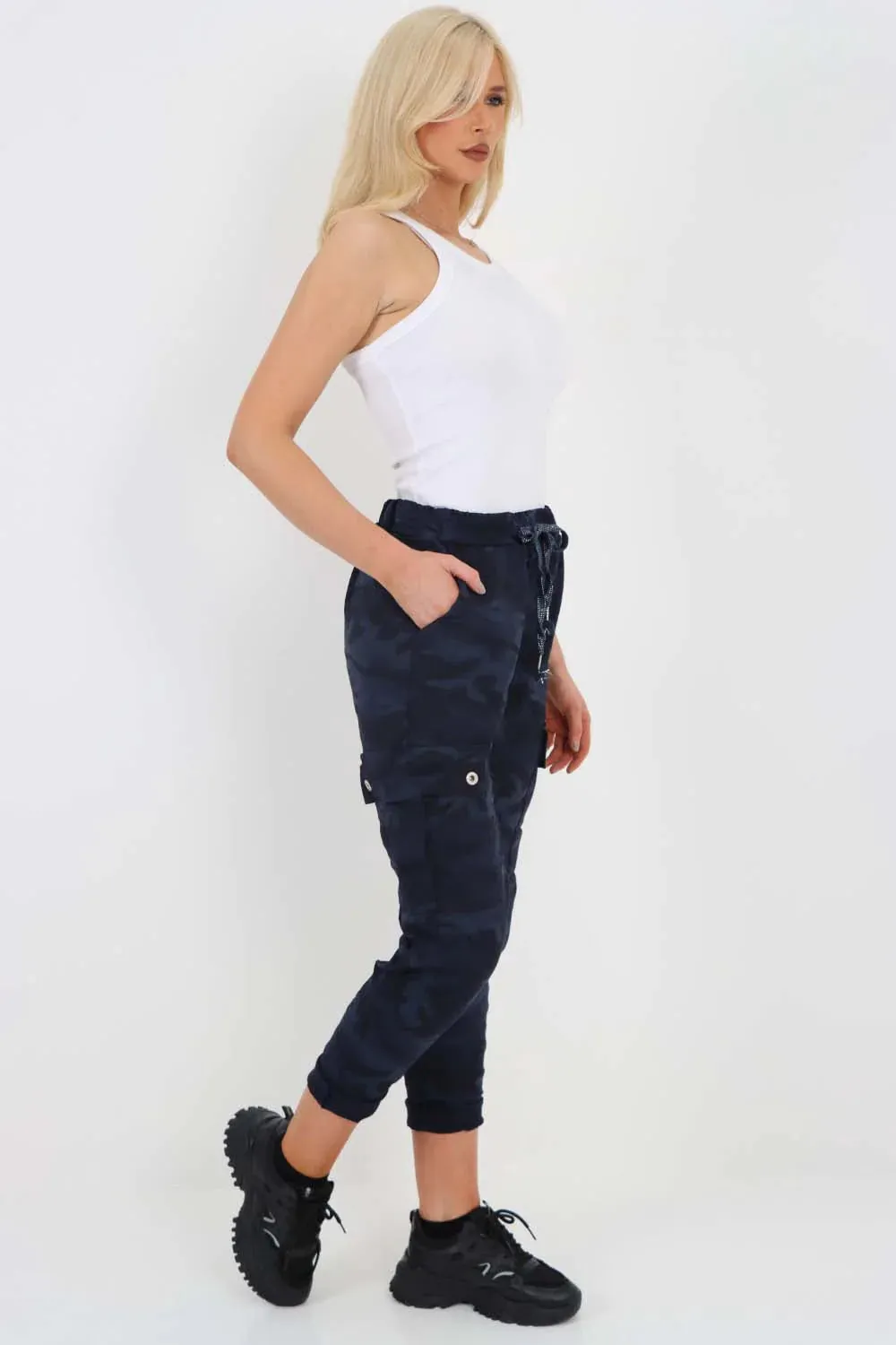 Plus Size Italian Drawstring Camo Side Pockets Cargo Trousers