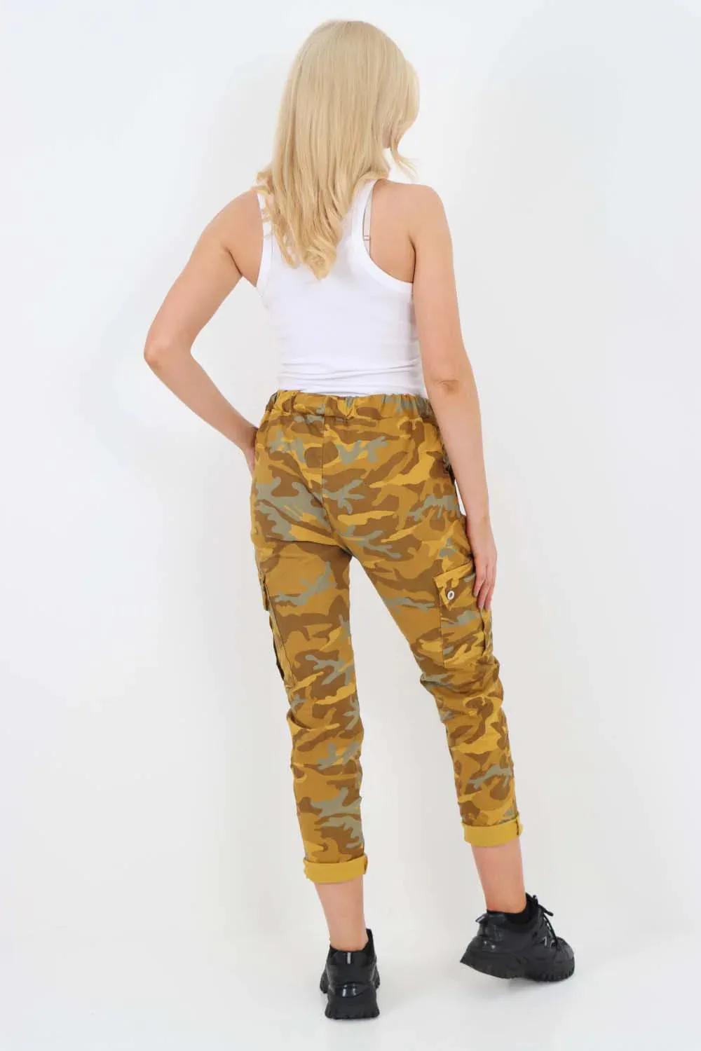 Plus Size Italian Drawstring Camo Side Pockets Cargo Trousers