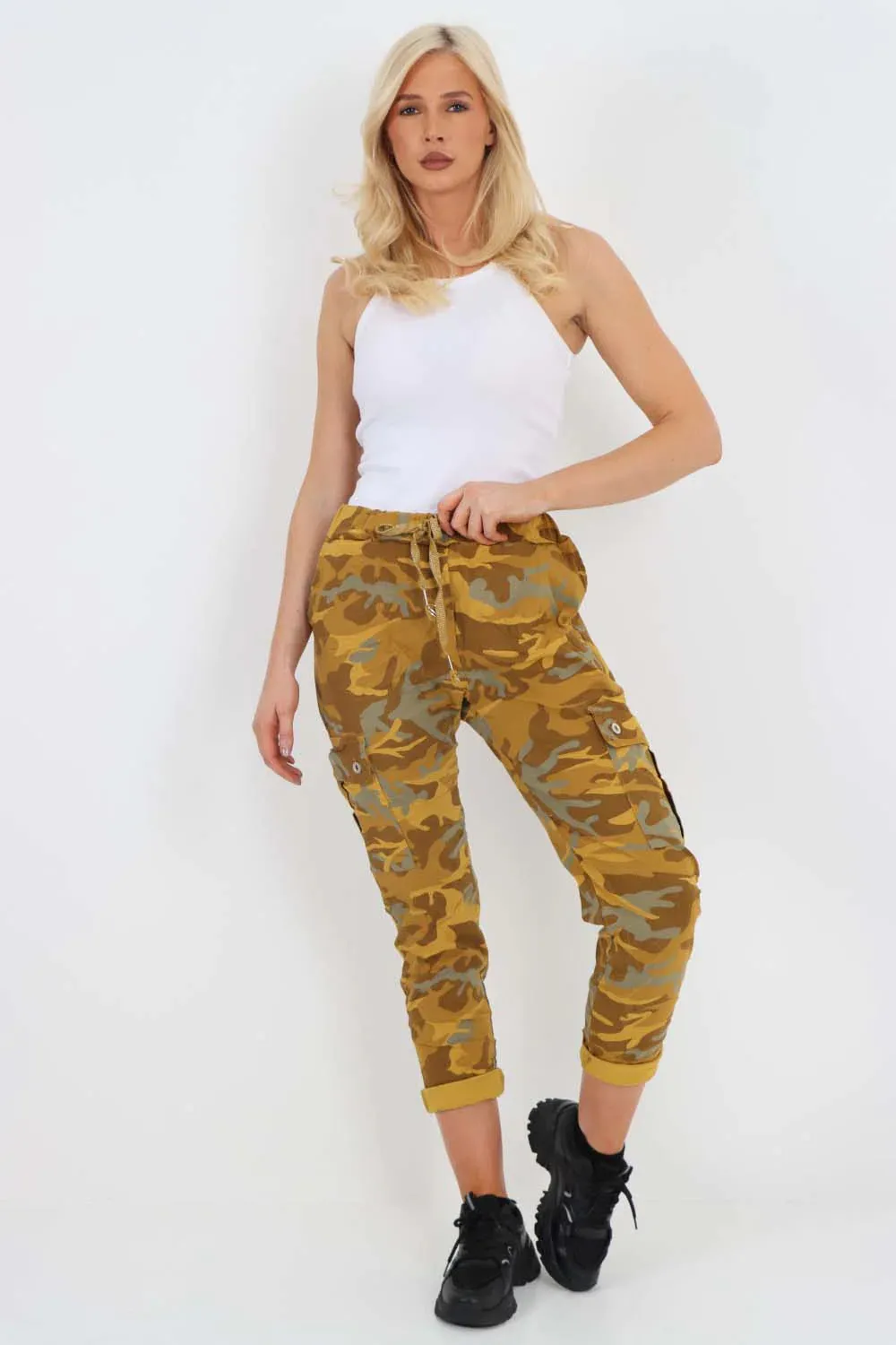 Plus Size Italian Drawstring Camo Side Pockets Cargo Trousers