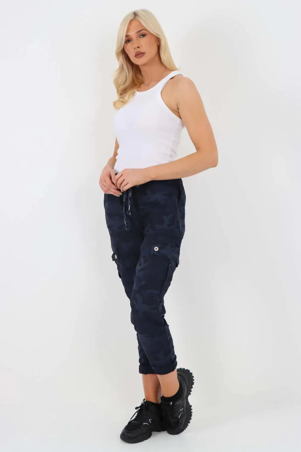 Plus Size Italian Drawstring Camo Side Pockets Cargo Trousers