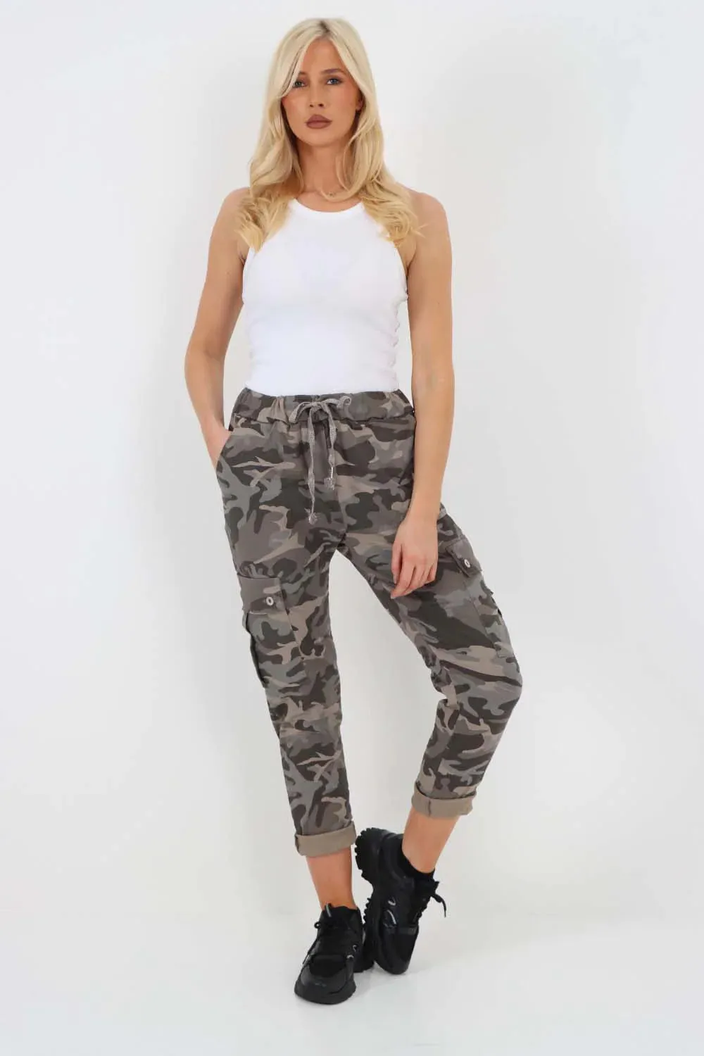 Plus Size Italian Drawstring Camo Side Pockets Cargo Trousers