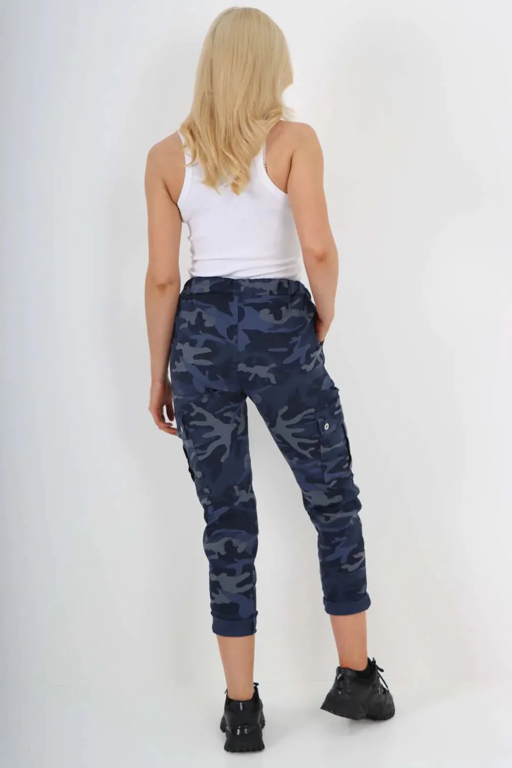 Plus Size Italian Drawstring Camo Side Pockets Cargo Trousers