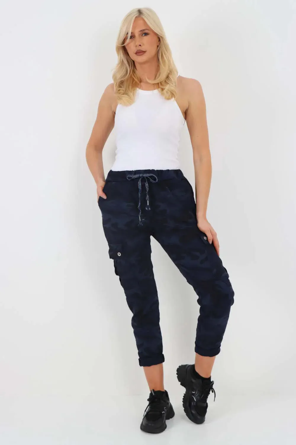 Plus Size Italian Drawstring Camo Side Pockets Cargo Trousers