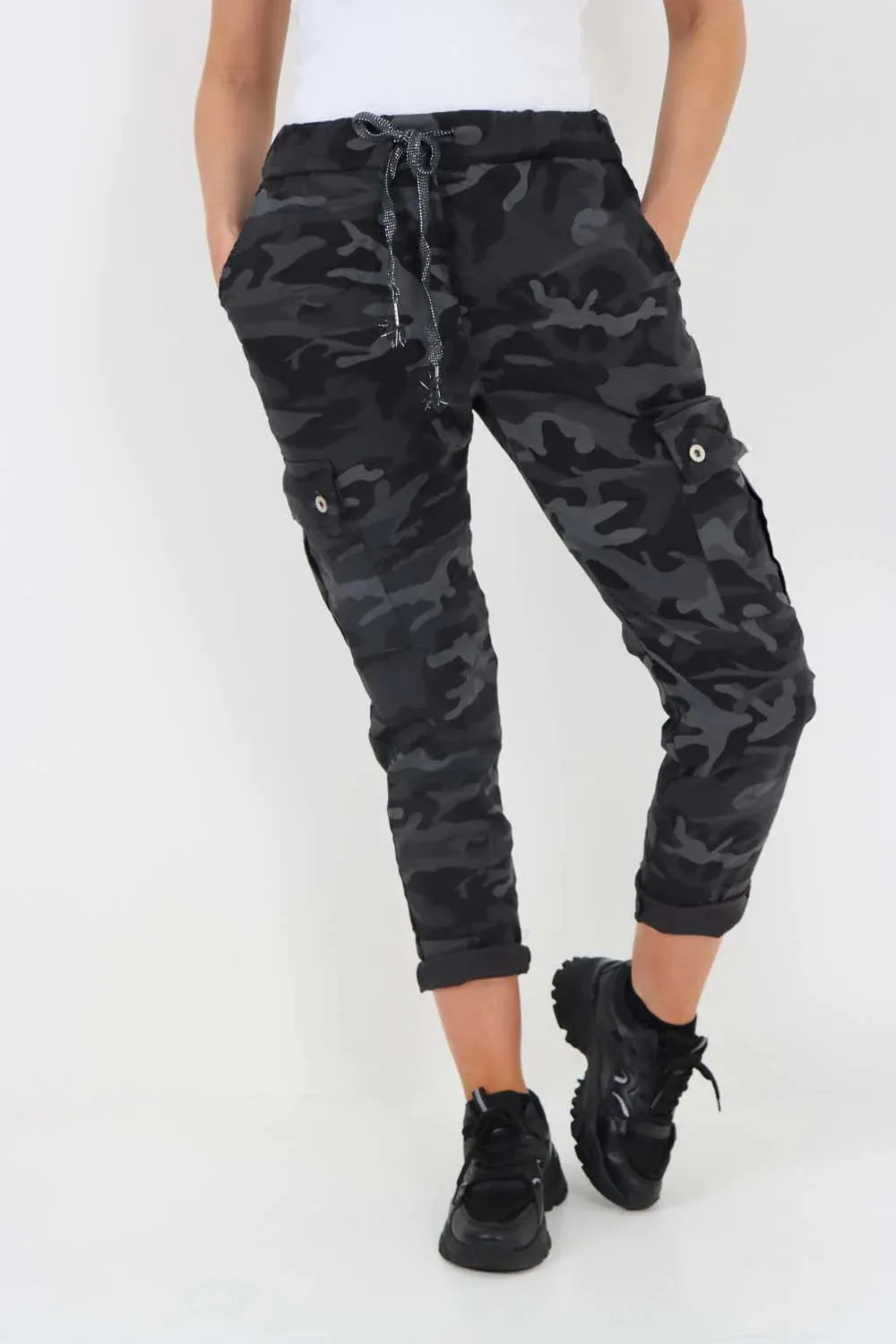 Plus Size Italian Drawstring Camo Side Pockets Cargo Trousers