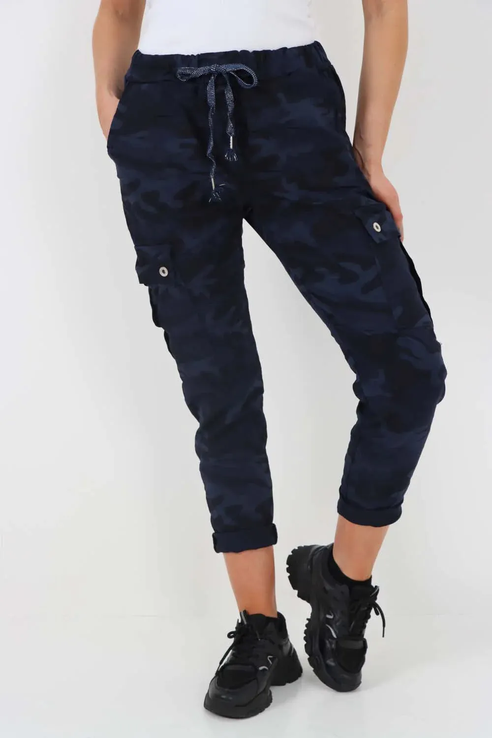 Plus Size Italian Drawstring Camo Side Pockets Cargo Trousers