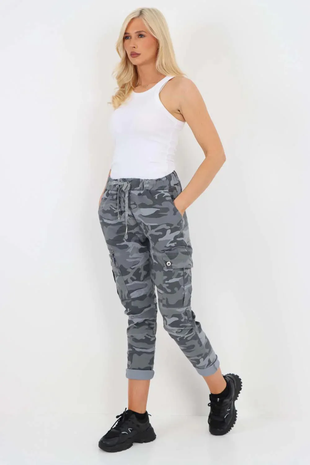Plus Size Italian Drawstring Camo Side Pockets Cargo Trousers