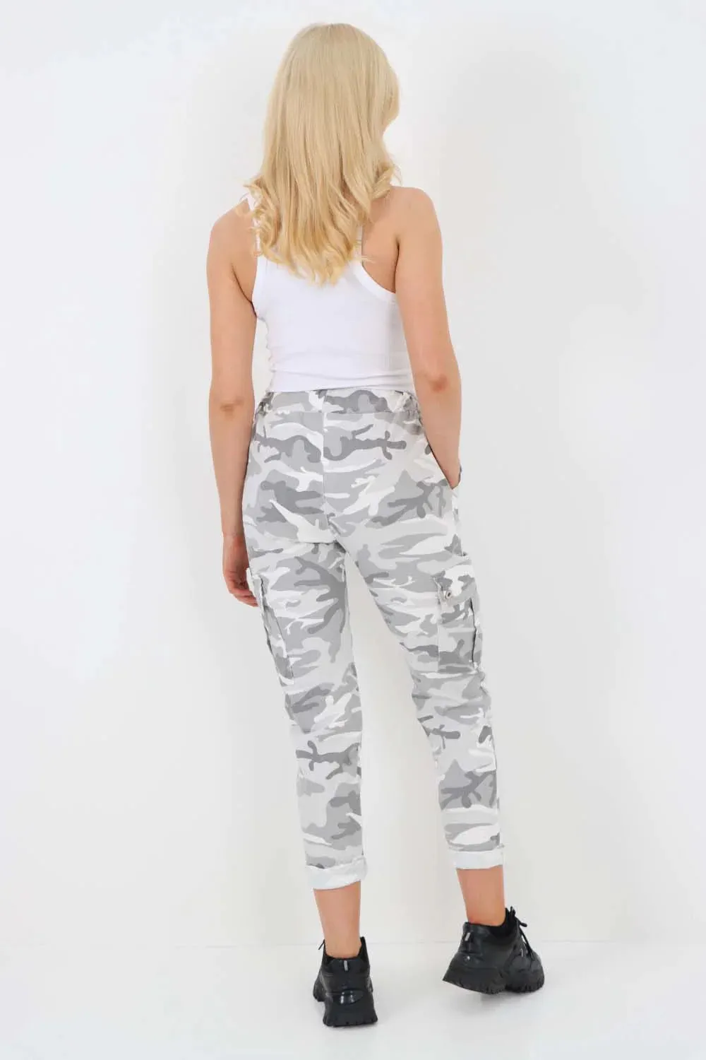 Plus Size Italian Drawstring Camo Side Pockets Cargo Trousers