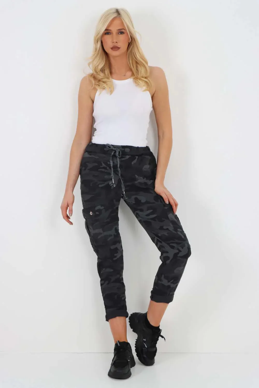 Plus Size Italian Drawstring Camo Side Pockets Cargo Trousers