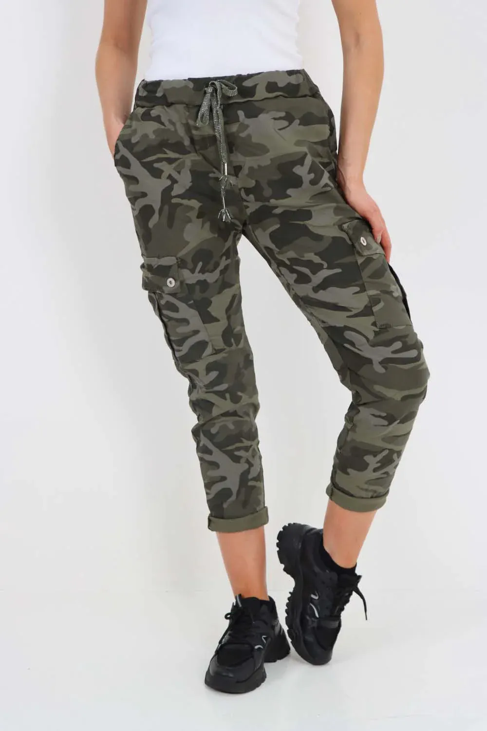 Plus Size Italian Drawstring Camo Side Pockets Cargo Trousers
