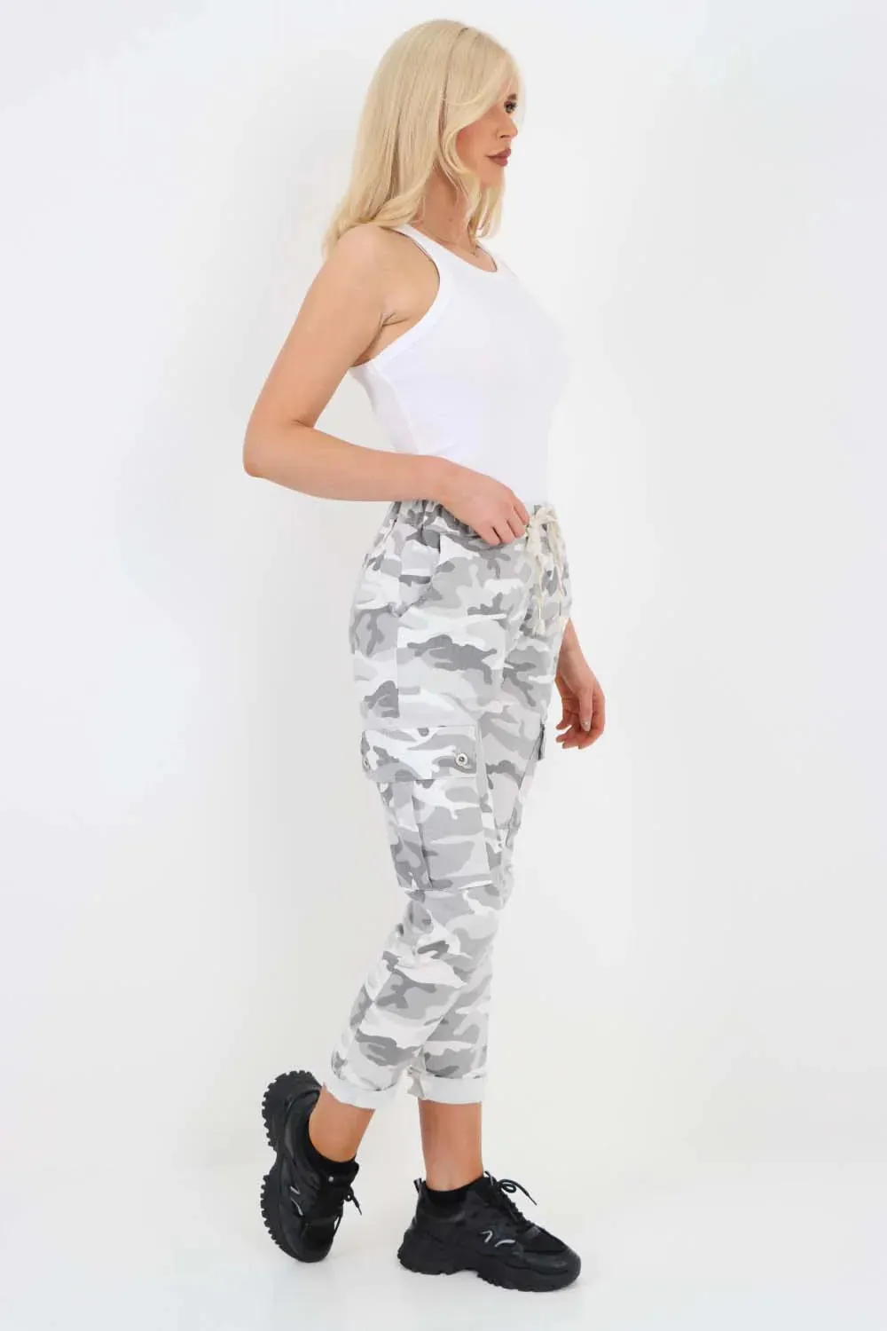 Plus Size Italian Drawstring Camo Side Pockets Cargo Trousers