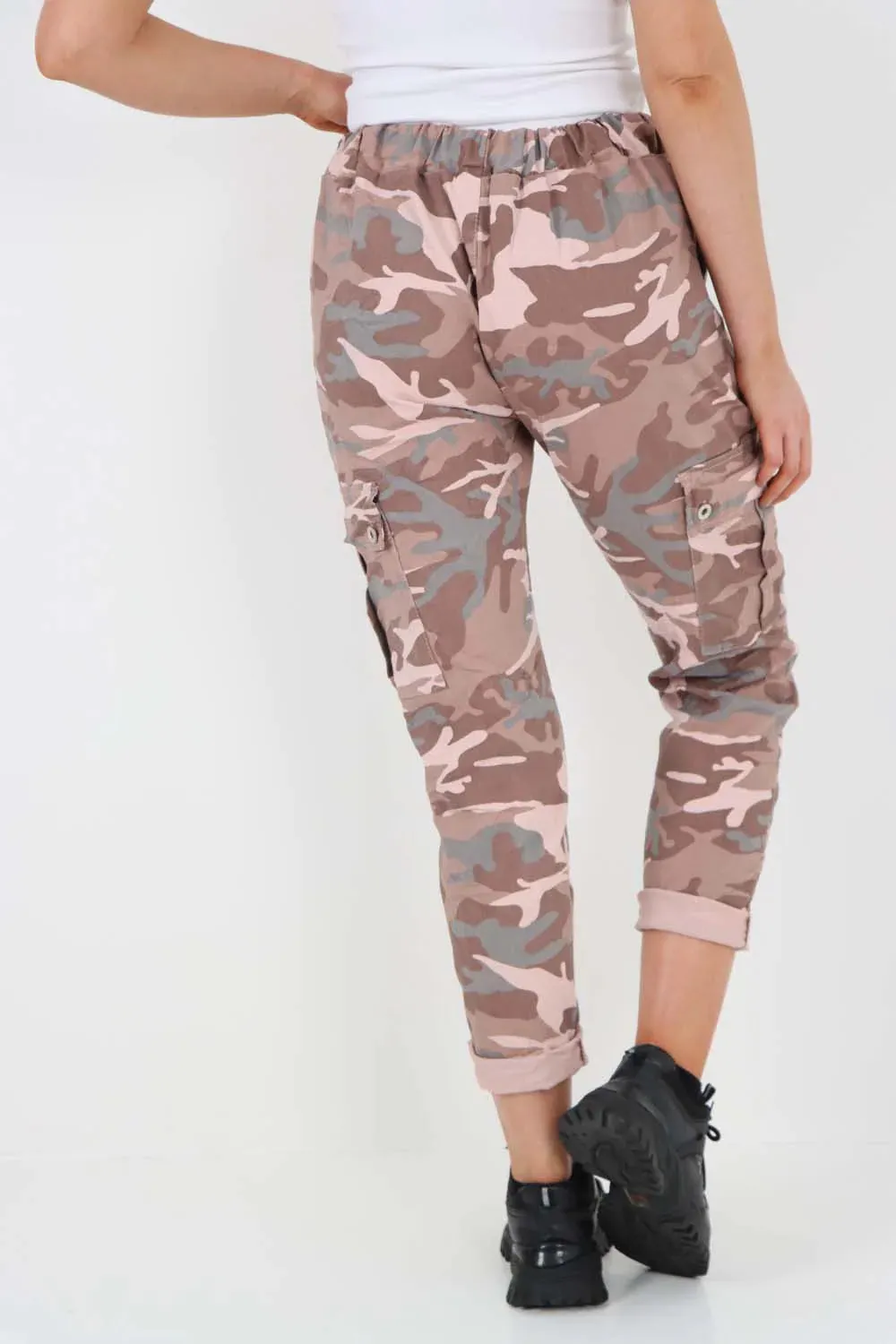 Plus Size Italian Drawstring Camo Side Pockets Cargo Trousers