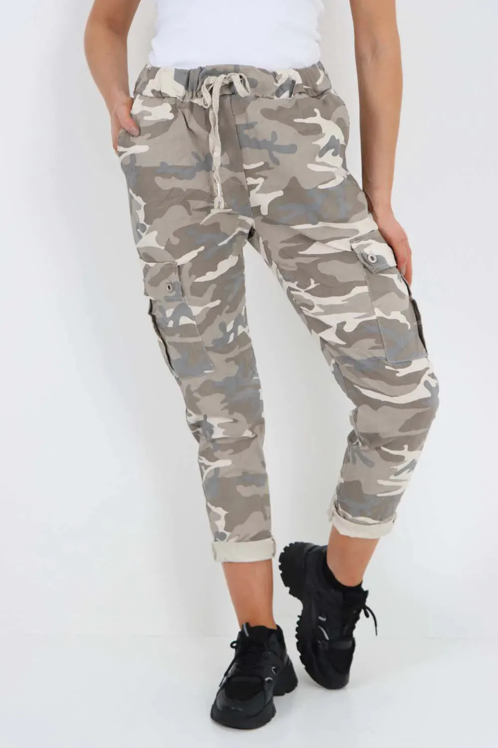 Plus Size Italian Drawstring Camo Side Pockets Cargo Trousers