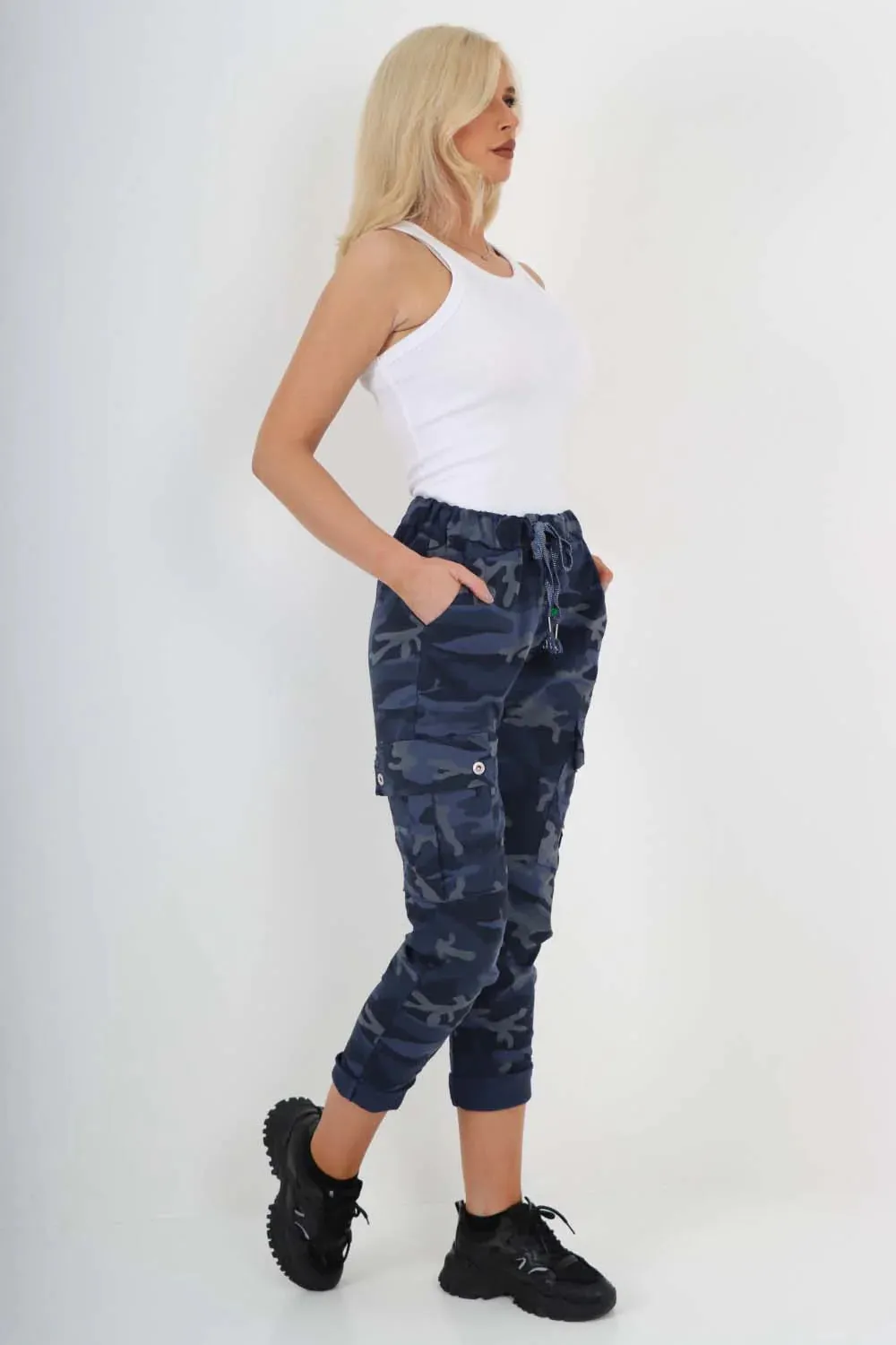 Plus Size Italian Drawstring Camo Side Pockets Cargo Trousers