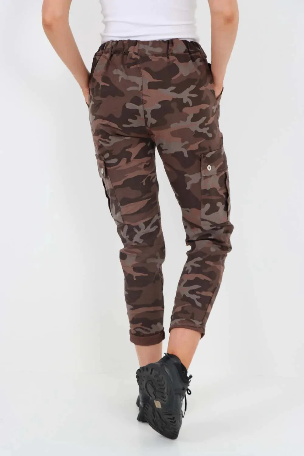 Plus Size Italian Drawstring Camo Side Pockets Cargo Trousers