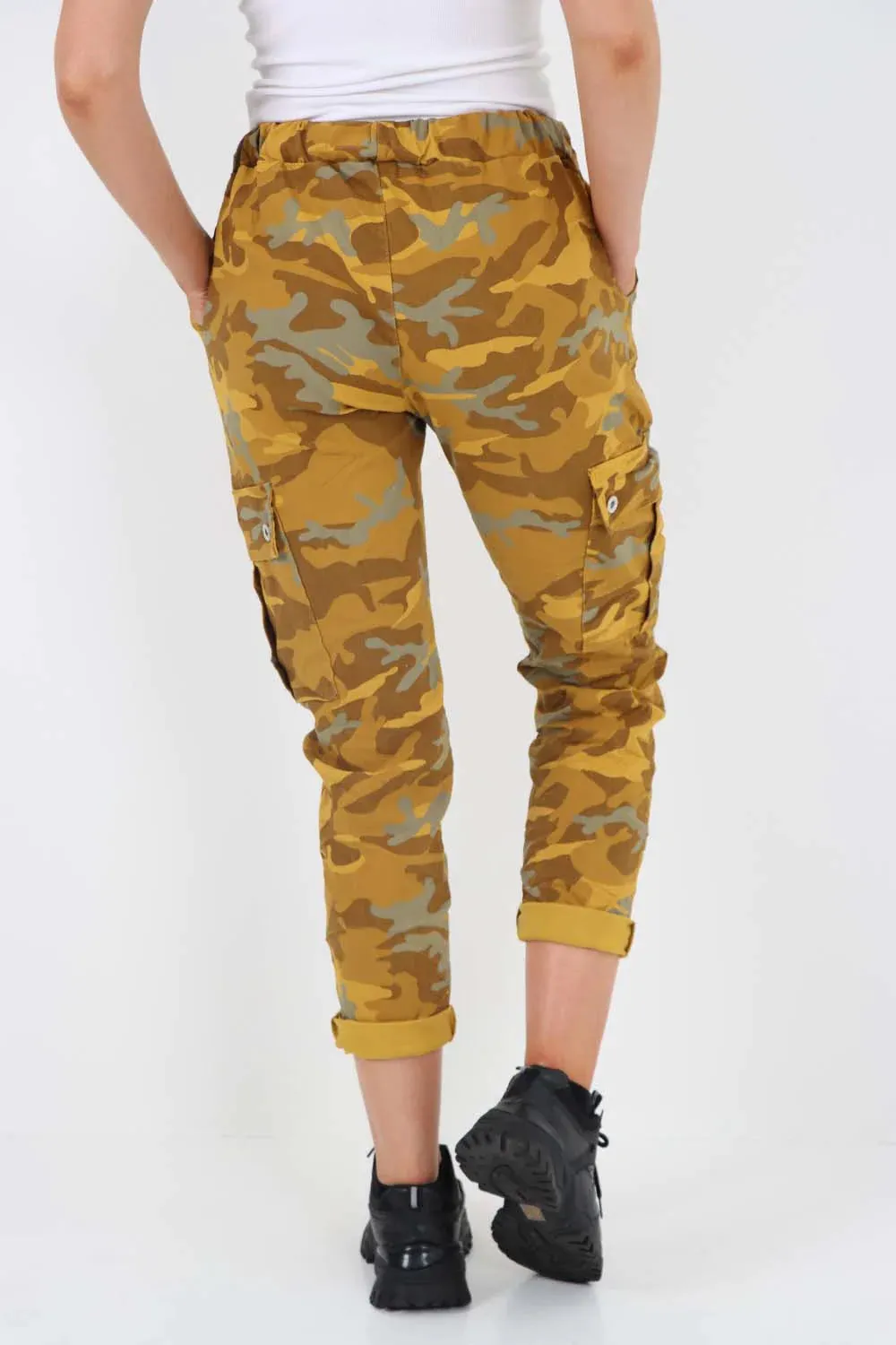 Plus Size Italian Drawstring Camo Side Pockets Cargo Trousers