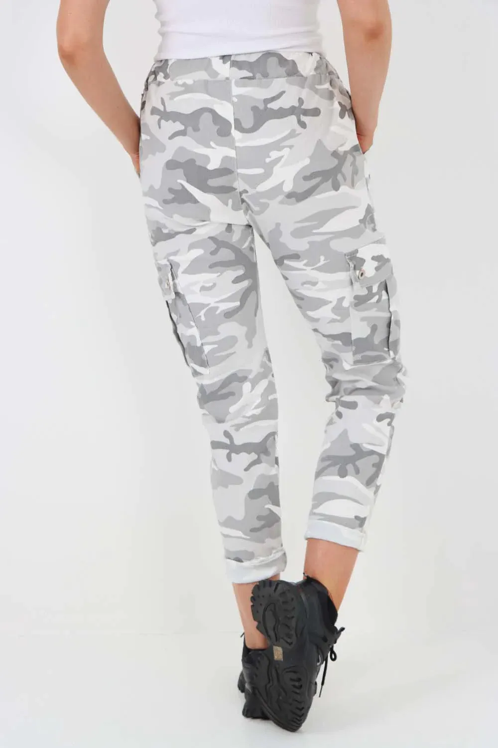 Plus Size Italian Drawstring Camo Side Pockets Cargo Trousers