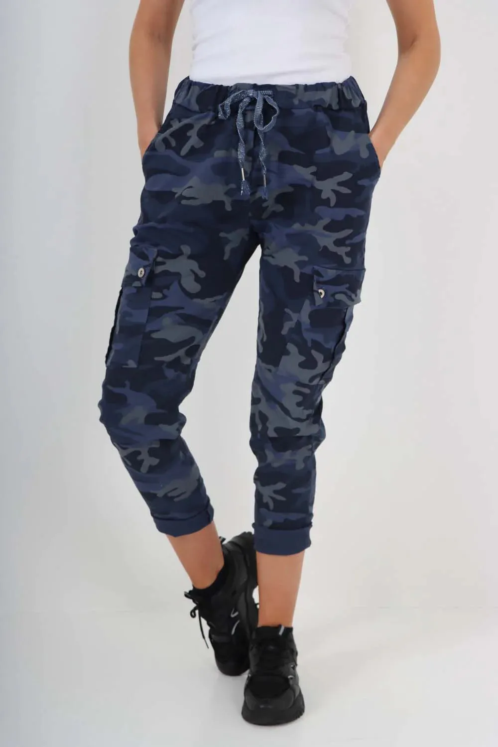 Plus Size Italian Drawstring Camo Side Pockets Cargo Trousers